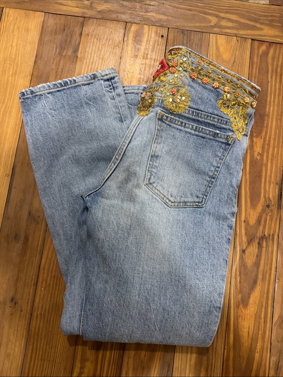 We The Free Denim - We The Free Light Blue Straight Leg Jeans with Gold Embroidered & Red Bead Waist